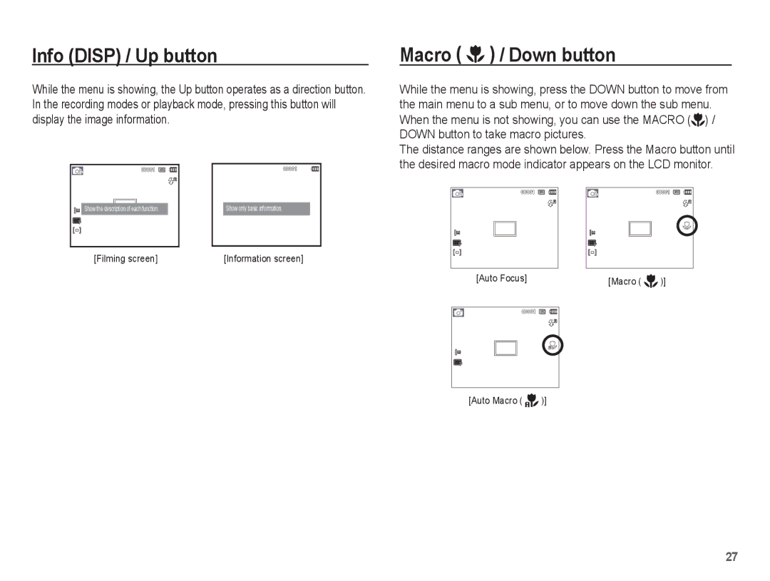 Samsung EC-ES10ZSBA/E3, EC-ES10ZBBA/FR, EC-ES10ZWBA/FR, EC-ES10ZPBA/FR manual Info Disp / Up button, Macro / Down button 