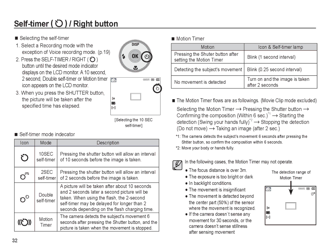 Samsung EC-ES10ZWBA/RU manual Selecting the self-timer, Self-timer mode indecator, Selecting the Motion Timer, Starting 