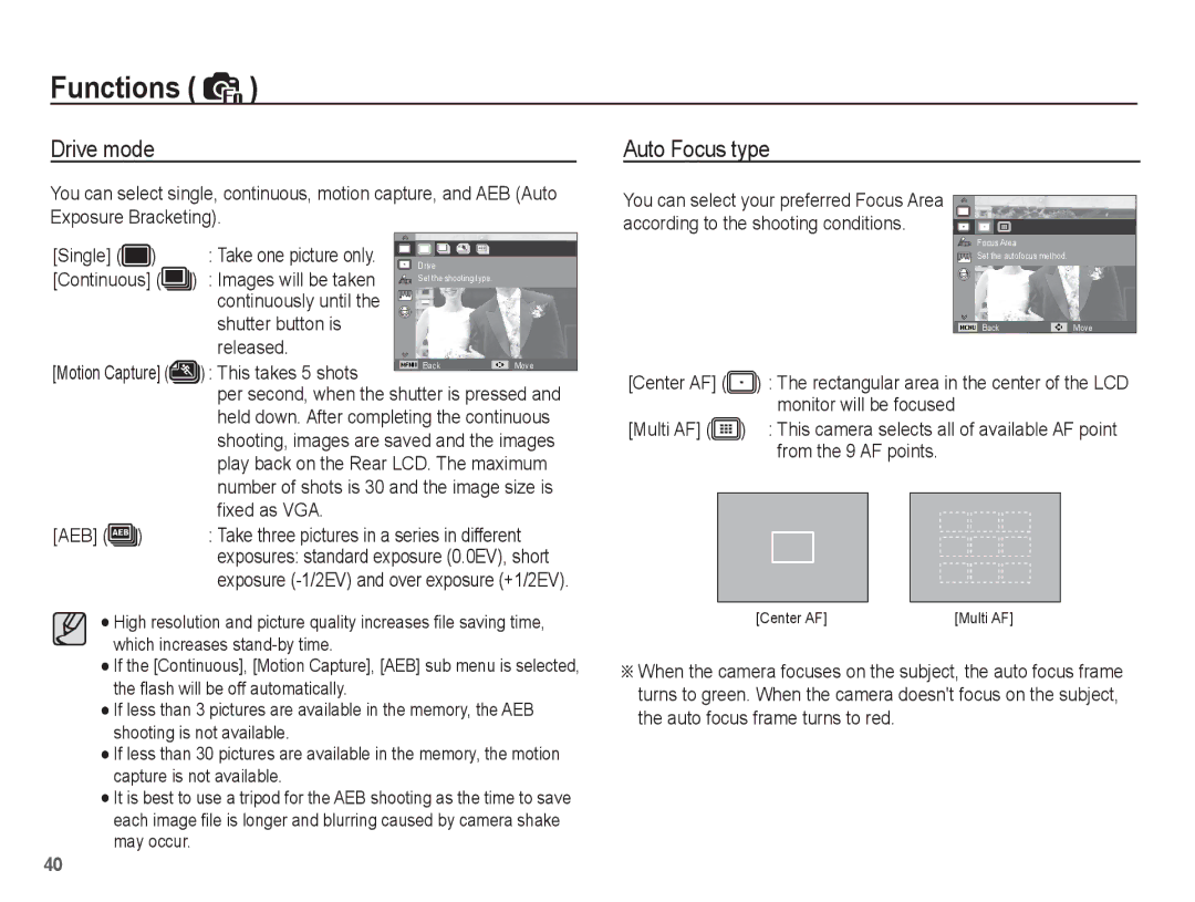 Samsung EC-ES10ZBBA/FR, EC-ES10ZWBA/FR, EC-ES10ZPBA/FR, EC-ES10ZSBA/FR, EC-ES10ZSBA/IT manual Drive mode, Auto Focus type 