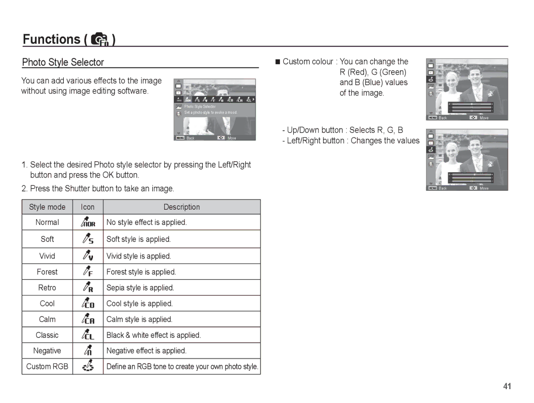 Samsung EC-ES10ZWBA/FR, EC-ES10ZBBA/FR, EC-ES10ZPBA/FR, EC-ES10ZSBA/FR Photo Style Selector, Up/Down button Selects R, G, B 