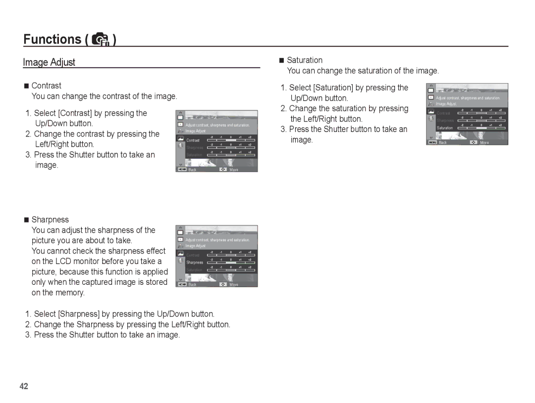 Samsung EC-ES10ZPBA/FR manual Image Adjust, Left/Right button, Sharpness, Select Contrast by pressing the Up/Down button 