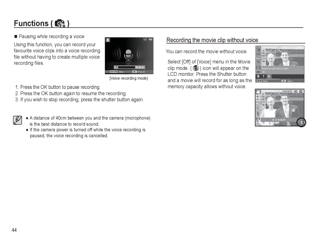 Samsung EC-ES10ZSBA/IT, EC-ES10ZBBA/FR manual Recording the movie clip without voice, You can record the movie without voice 