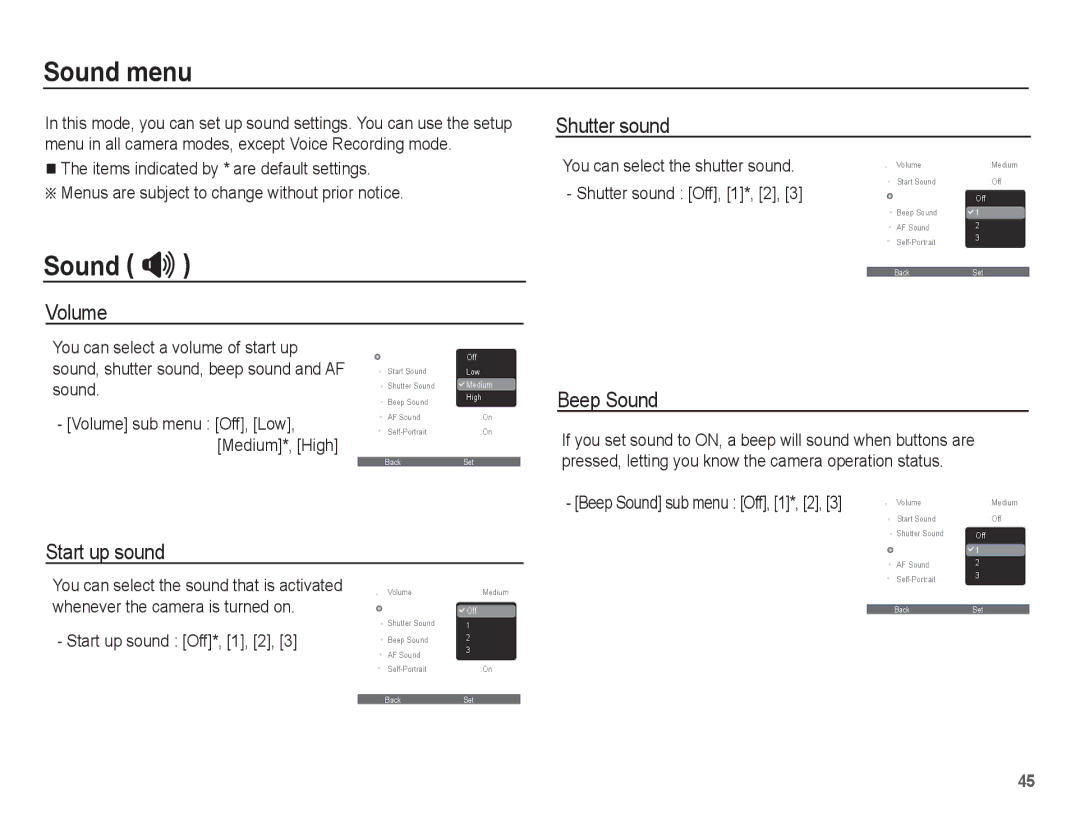 Samsung EC-ES10ZBBA/IT, EC-ES10ZBBA/FR manual Sound menu, Sound , Volume Shutter sound, Beep Sound, Start up sound 