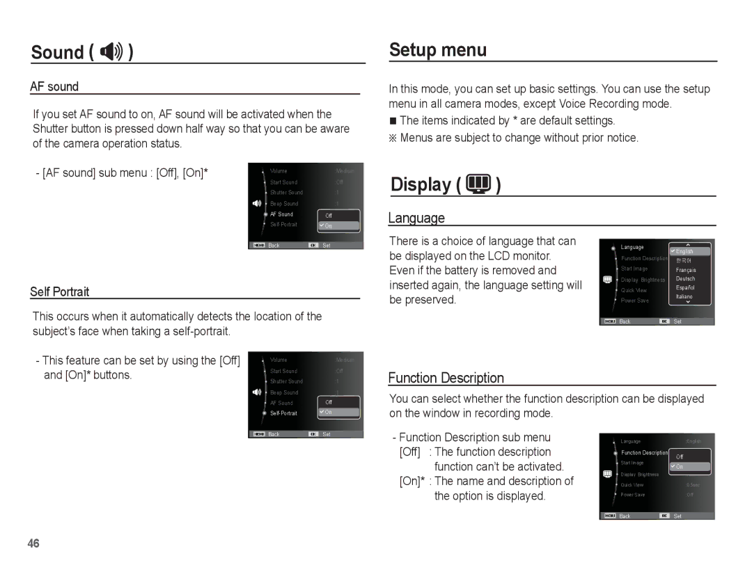 Samsung EC-ES10ZPBA/E1, EC-ES10ZBBA/FR, EC-ES10ZWBA/FR, EC-ES10ZPBA/FR Setup menu, Display, Language, Function Description 