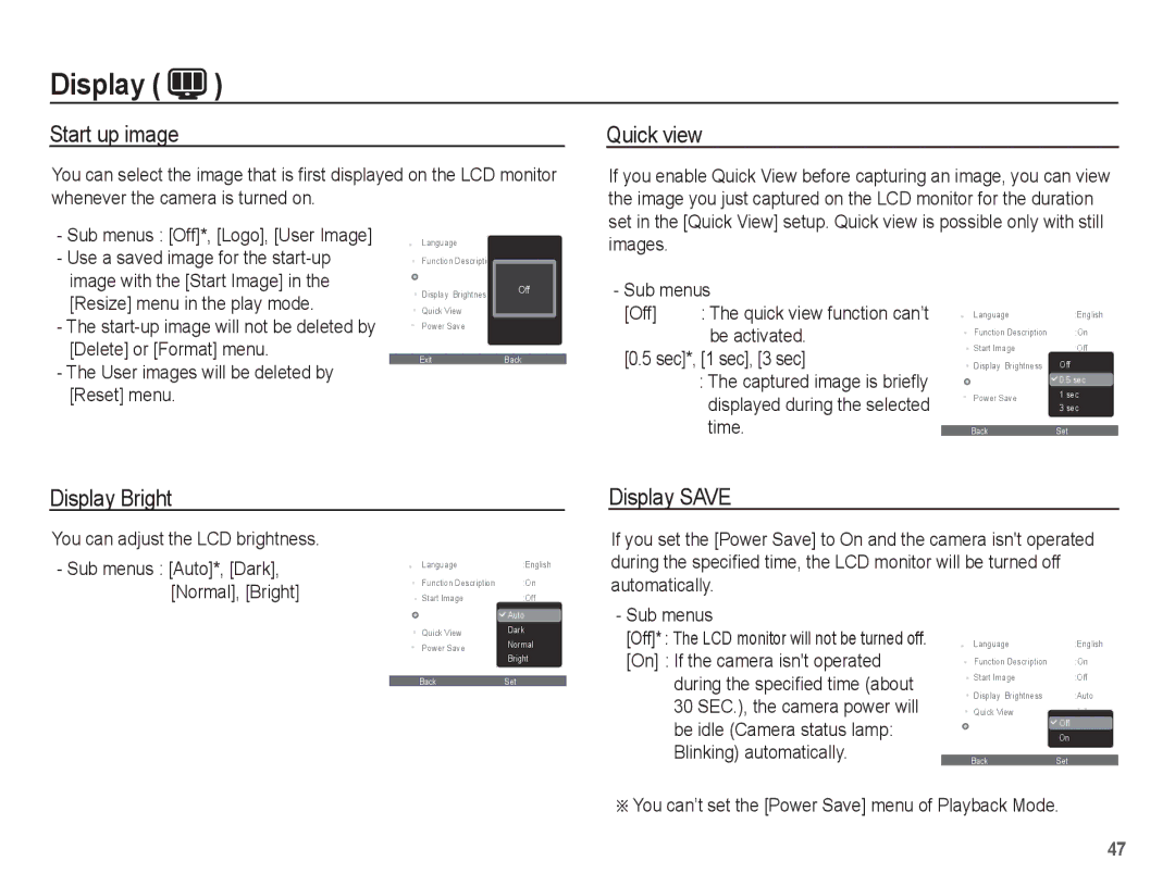 Samsung EC-ES10ZWBA/ZA, EC-ES10ZBBA/FR, EC-ES10ZWBA/FR manual Start up image, Quick view, Display Bright, Display Save 