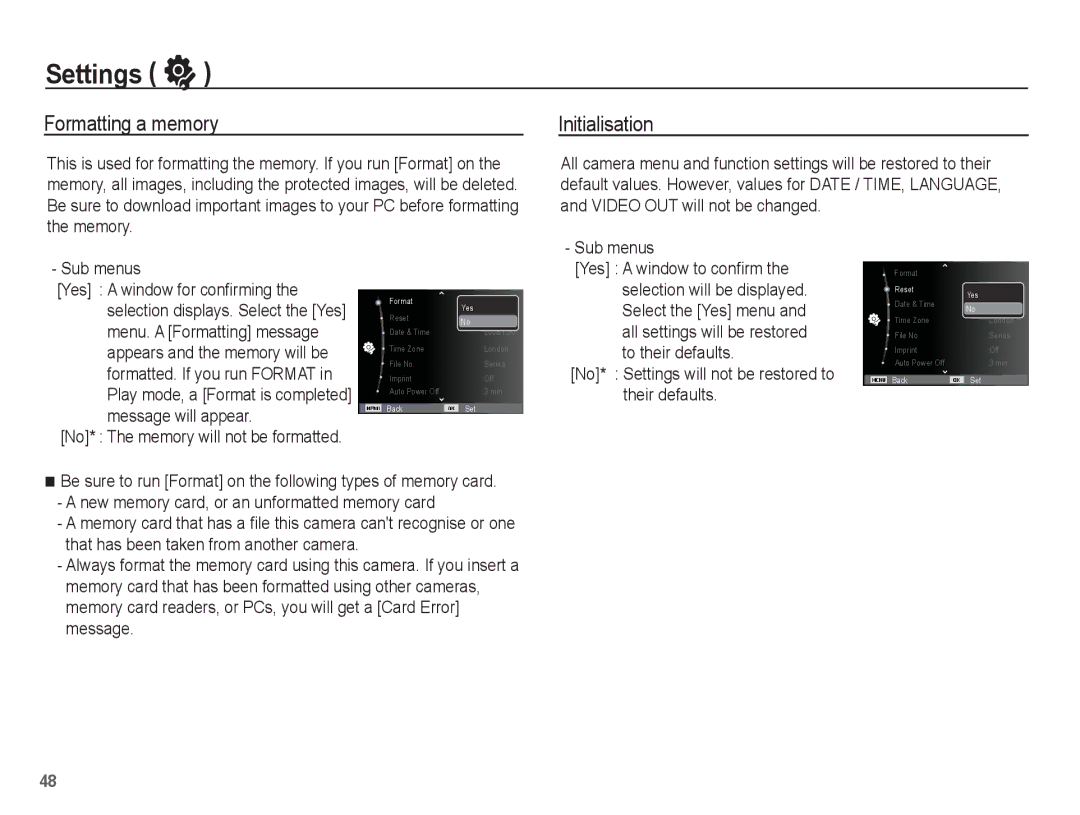 Samsung EC-ES10ZSBA/ZA manual Formatting a memory, Initialisation, No* Settings will not be restored to their defaults 