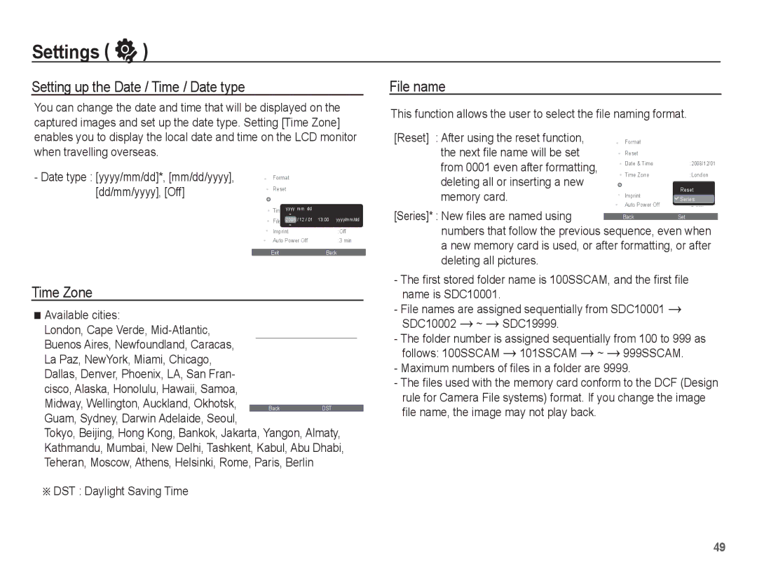 Samsung EC-ES10ZWBA/ES, EC-ES10ZBBA/FR, EC-ES10ZWBA/FR manual Setting up the Date / Time / Date type, File name, Time Zone 