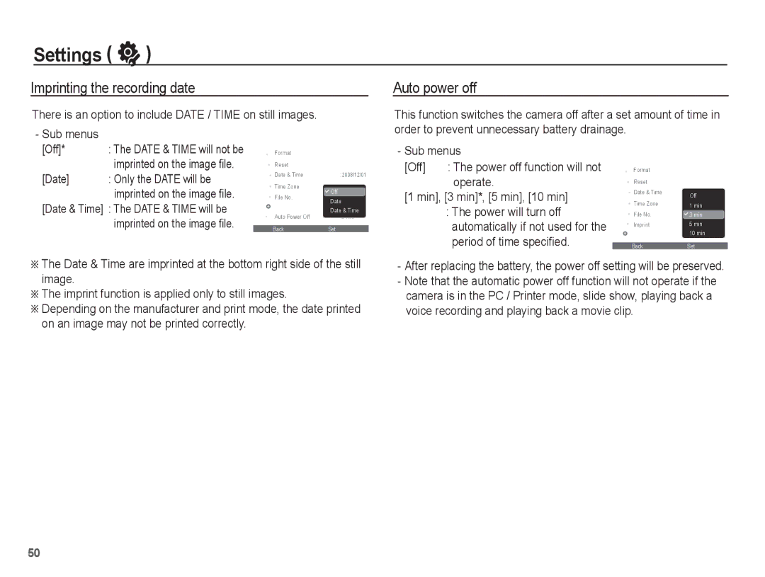 Samsung EC-ES10ZBBA/E3, EC-ES10ZBBA/FR manual Imprinting the recording date, Auto power off, Date Only the Date will be 