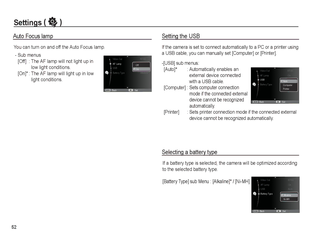 Samsung EC-ES10ZSBA/E1, EC-ES10ZBBA/FR, EC-ES10ZWBA/FR manual Auto Focus lamp, Setting the USB, Selecting a battery type 