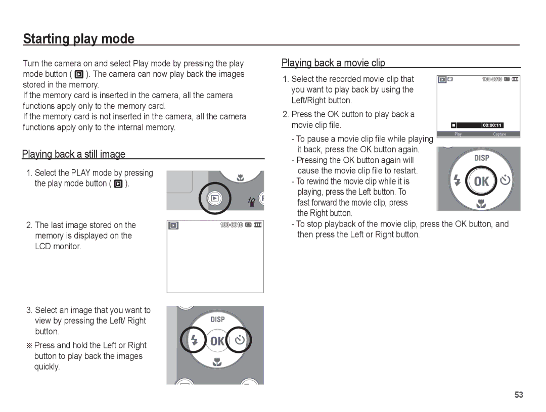 Samsung EC-ES10ZSBA/ES, EC-ES10ZBBA/FR manual Starting play mode, Playing back a still image, Playing back a movie clip 