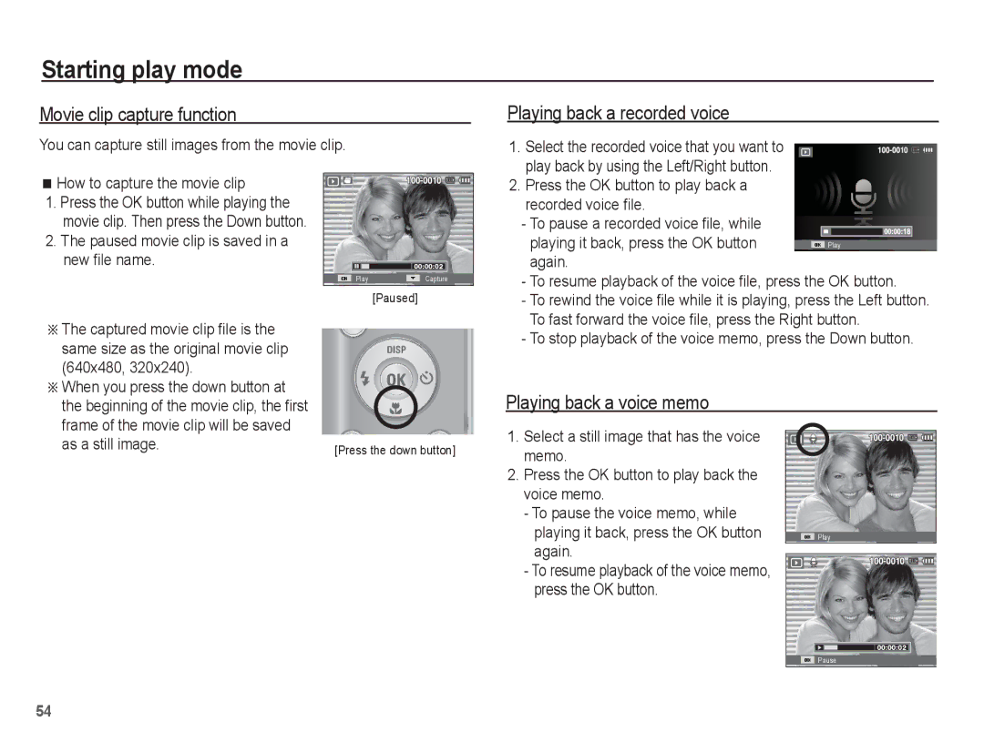 Samsung EC-ES10ZPBA/ES manual Movie clip capture function, Playing back a recorded voice, Playing back a voice memo 