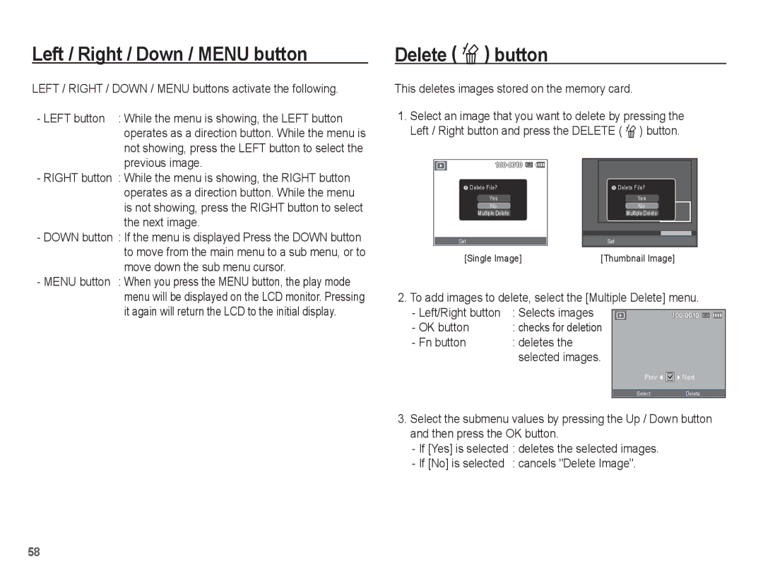 Samsung EC-ES10ZSBA/SA, EC-ES10ZBBA/FR, EC-ES10ZWBA/FR, EC-ES10ZPBA/FR Left / Right / Down / Menu button, Delete Õ button 