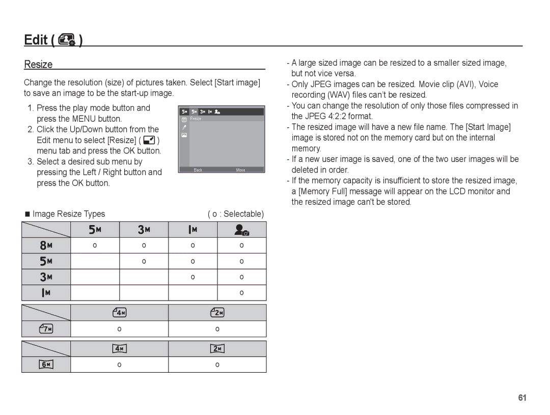 Samsung EC-ES10ZPDA/AE, EC-ES10ZBBA/FR, EC-ES10ZWBA/FR, EC-ES10ZPBA/FR, EC-ES10ZSBA/FR, EC-ES10ZSBA/IT manual Edit, Resize 