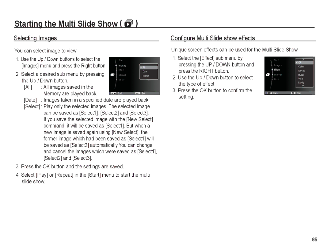 Samsung EC-ES10ZPBP/VN, EC-ES10ZBBA/FR, EC-ES10ZWBA/FR, EC-ES10ZPBA/FR Selecting Images, Configure Multi Slide show effects 