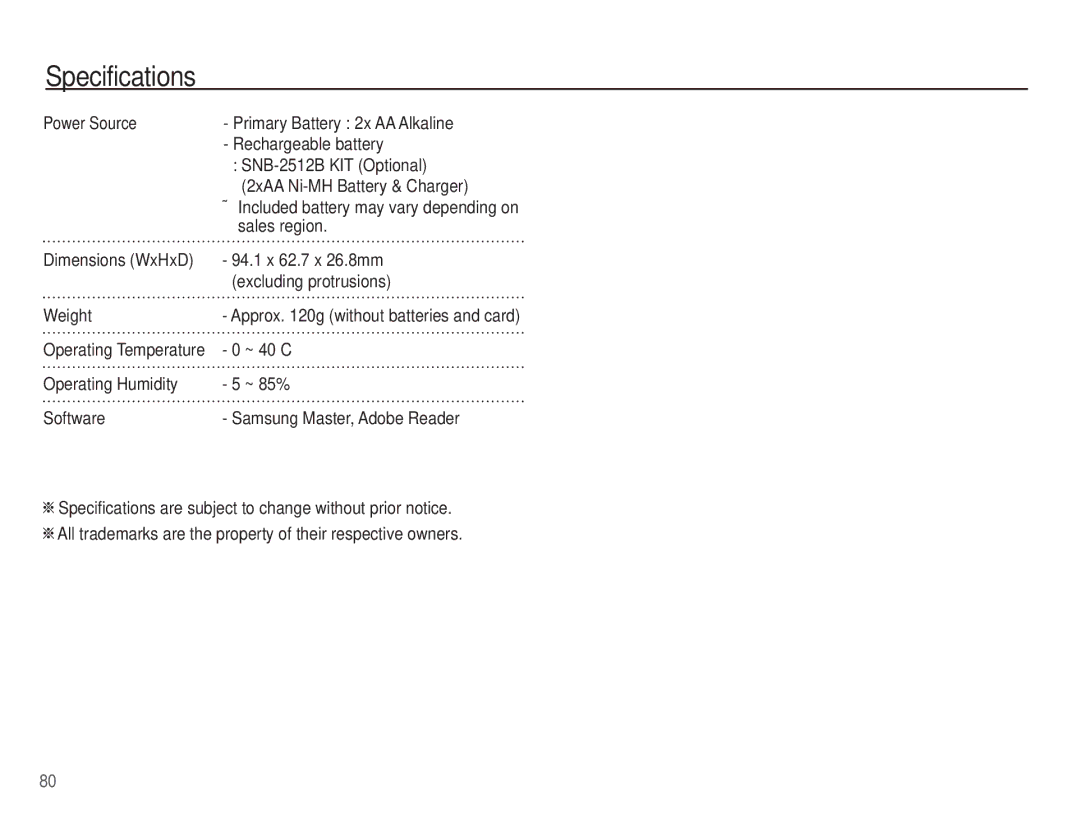 Samsung EC-ES10ZBBA/IL, EC-ES10ZBBA/FR, EC-ES10ZWBA/FR, EC-ES10ZPBA/FR manual Sales region, ~ 40C, Operating Temperature 