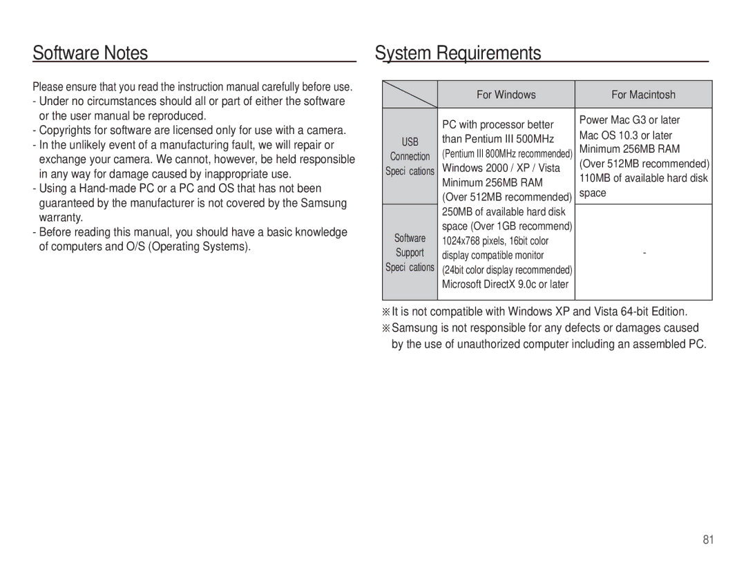 Samsung EC-ES10ZBBA/FR, EC-ES10ZWBA/FR, EC-ES10ZPBA/FR, EC-ES10ZSBA/FR, EC-ES10ZSBA/IT Software Notes, System Requirements 