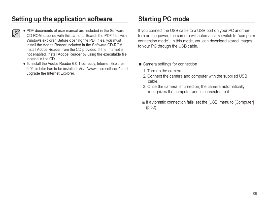 Samsung EC-ES10ZSBA/IT, EC-ES10ZBBA/FR, EC-ES10ZWBA/FR, EC-ES10ZPBA/FR, EC-ES10ZSBA/FR, EC-ES10ZBBA/IT manual Starting PC mode 