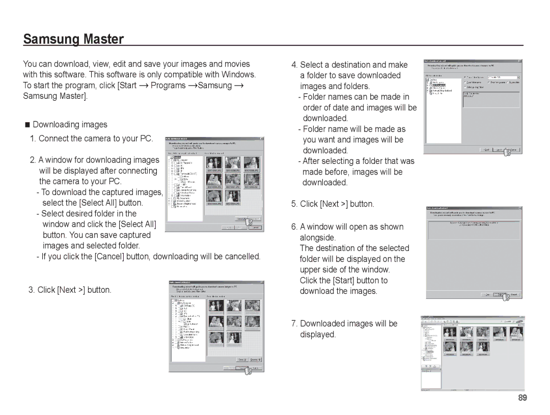 Samsung EC-ES10ZSBA/ZA, EC-ES10ZBBA/FR manual Samsung Master, Click Next button, Downloaded images will be displayed 