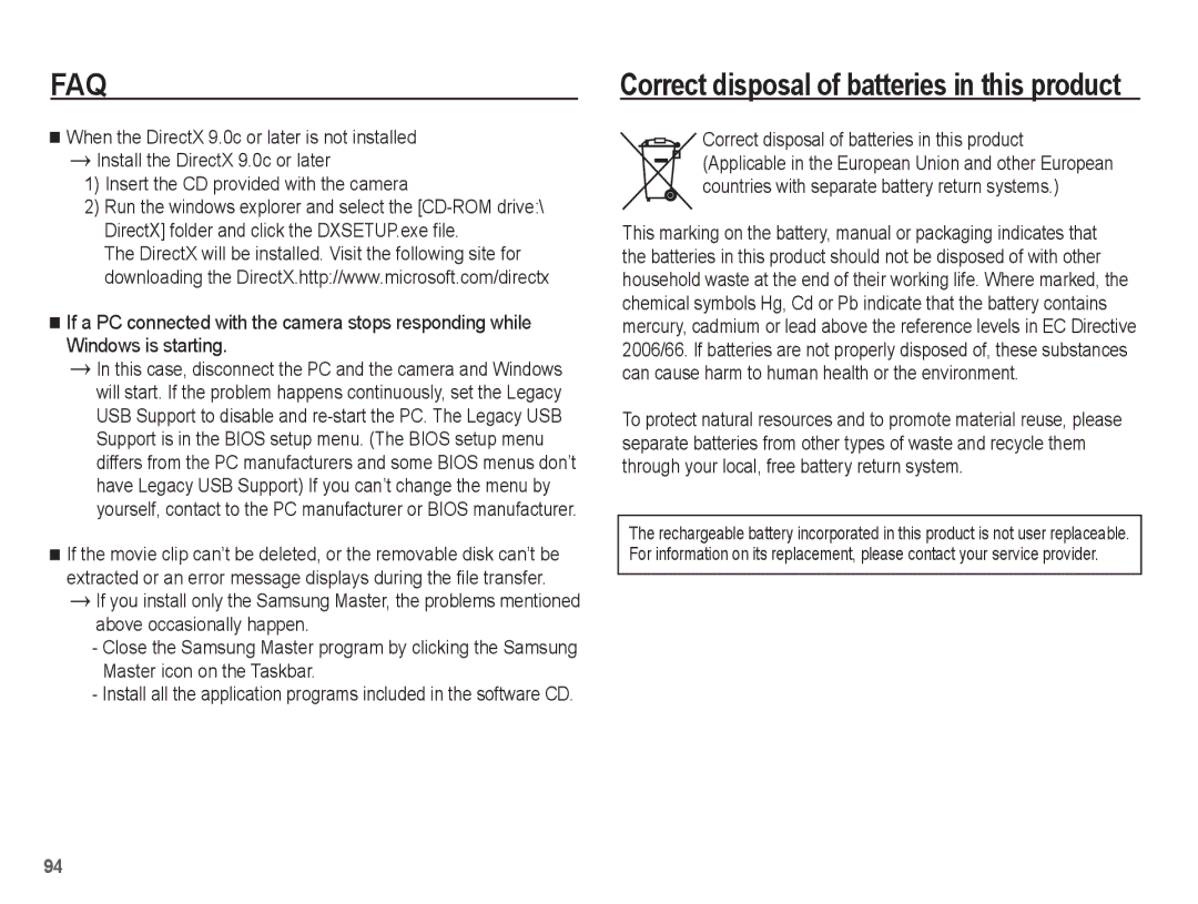 Samsung EC-ES10ZSBA/ES, EC-ES10ZBBA/FR, EC-ES10ZWBA/FR, EC-ES10ZPBA/FR manual Correct disposal of batteries in this product 