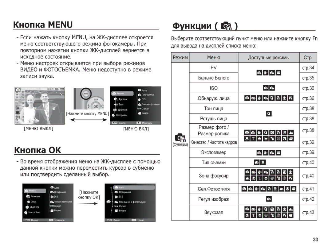 Samsung EC-ES10ZWBA/RU, EC-ES10ZBBA/RU, EC-ES10ZSBA/RU, EC-ES10ZPBA/RU manual ǱȕȖȗȒȈ Menu, ǱȕȖȗȒȈ OK, ǼțȕȒȞȐȐ 