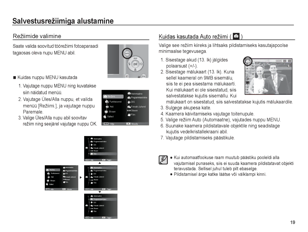 Samsung EC-ES10ZBBA/RU, EC-ES10ZSBA/RU manual Salvestusrežiimiga alustamine, Režiimide valimine Kuidas kasutada Auto režiimi 