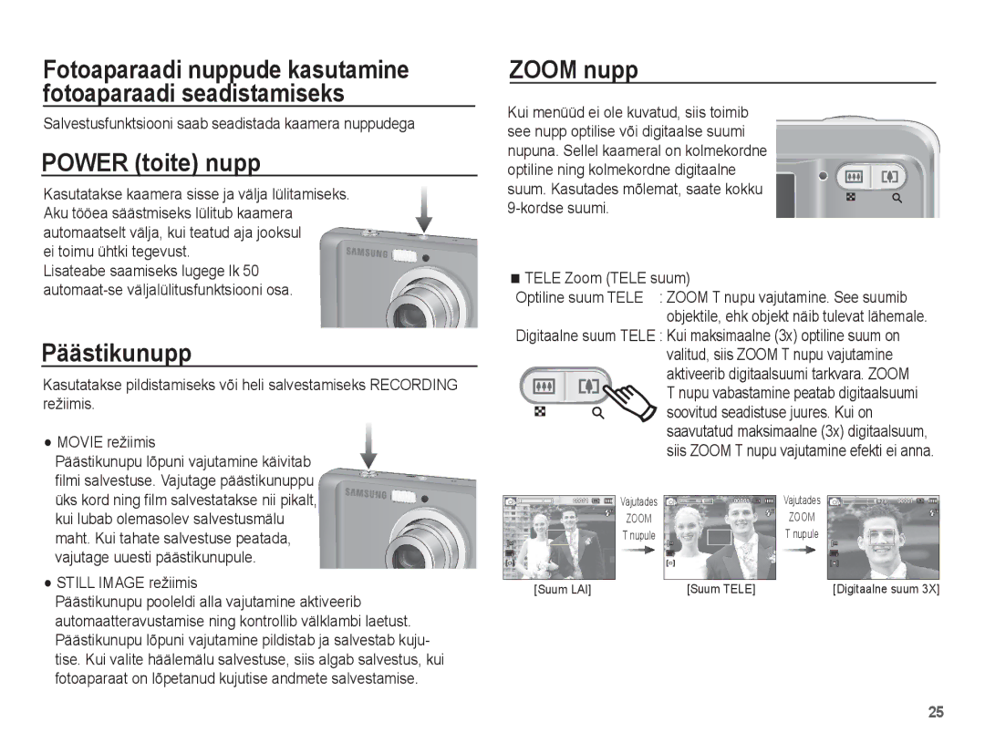 Samsung EC-ES10ZBBA/RU, EC-ES10ZSBA/RU manual Power toite nupp, Päästikunupp, Zoom nupp 