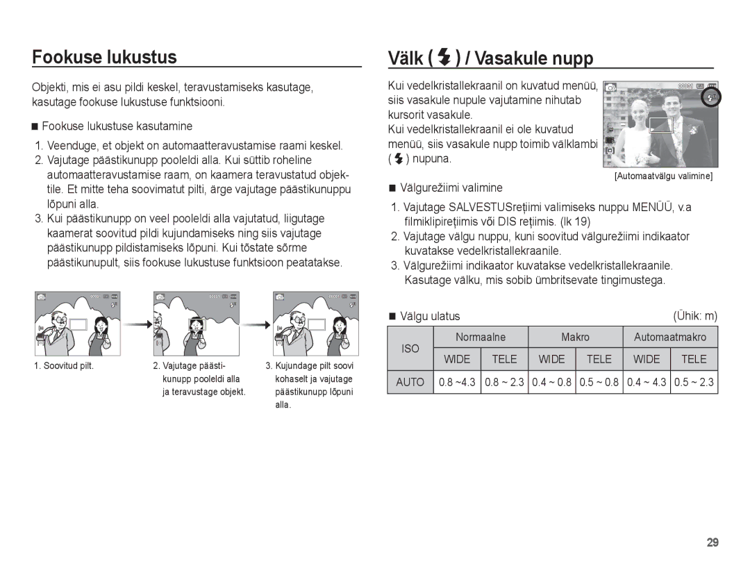 Samsung EC-ES10ZBBA/RU, EC-ES10ZSBA/RU manual Fookuse lukustus, Välk / Vasakule nupp, Välgurežiimi valimine, Välgu ulatus 