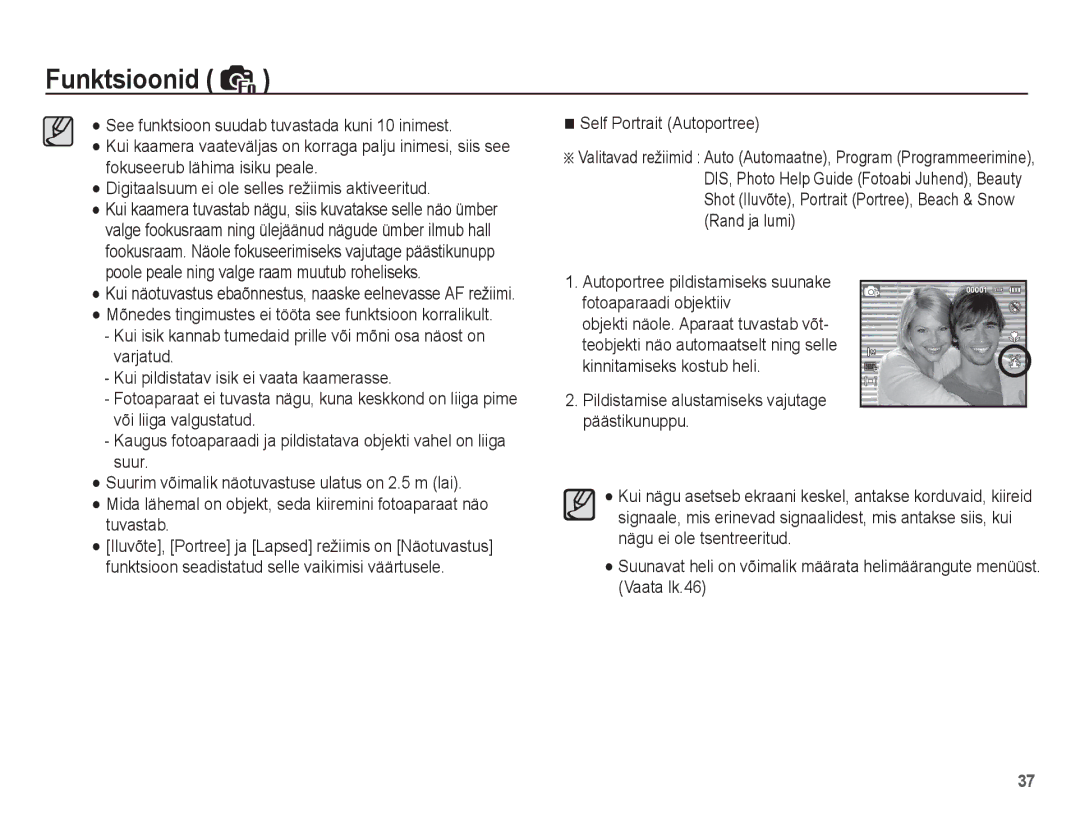 Samsung EC-ES10ZBBA/RU manual Self Portrait Autoportree, Autoportree pildistamiseks suunake Fotoaparaadi objektiiv 