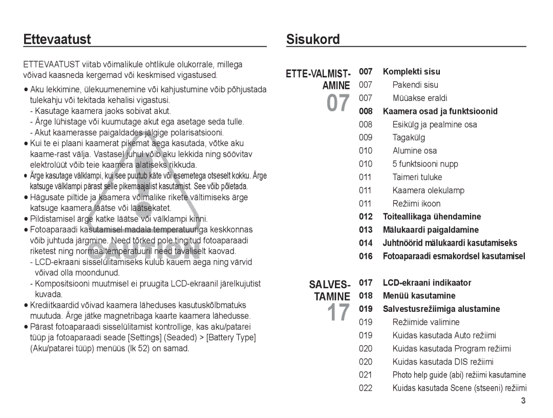 Samsung EC-ES10ZBBA/RU, EC-ES10ZSBA/RU manual Ettevaatust Sisukord, Pakendi sisu 007 Müüakse eraldi 