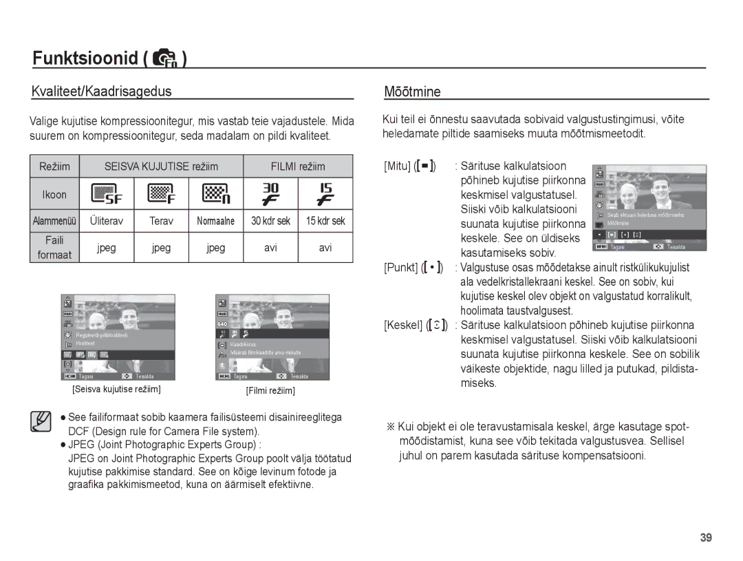 Samsung EC-ES10ZBBA/RU, EC-ES10ZSBA/RU manual Kvaliteet/Kaadrisagedus Mõõtmine 