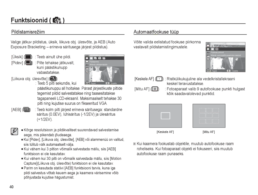 Samsung EC-ES10ZSBA/RU, EC-ES10ZBBA/RU manual Pildistamisrežiim Automaatfookuse tüüp 