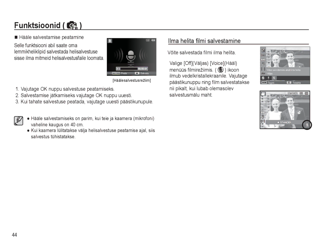 Samsung EC-ES10ZSBA/RU, EC-ES10ZBBA/RU manual Ilma helita ﬁlmi salvestamine, Võite salvestada ﬁlmi ilma helita 