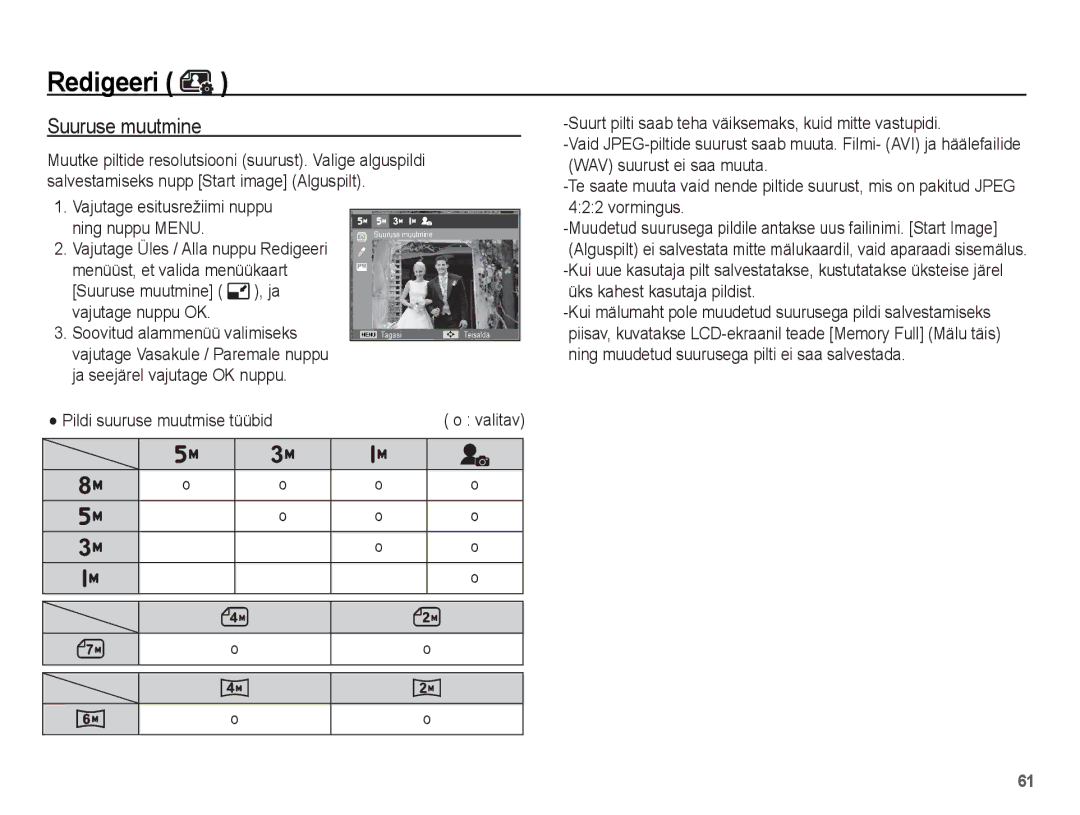 Samsung EC-ES10ZBBA/RU, EC-ES10ZSBA/RU manual Suuruse muutmine, Pildi suuruse muutmise tüübid 