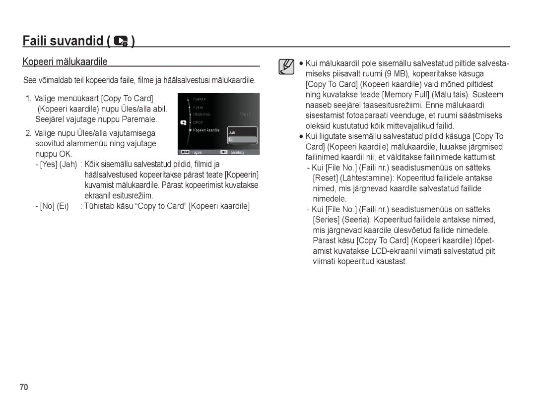 Samsung EC-ES10ZSBA/RU manual Kopeeri mälukaardile, Valige menüükaart Copy To Card, Kopeeri kaardile nupu Üles/alla abil 