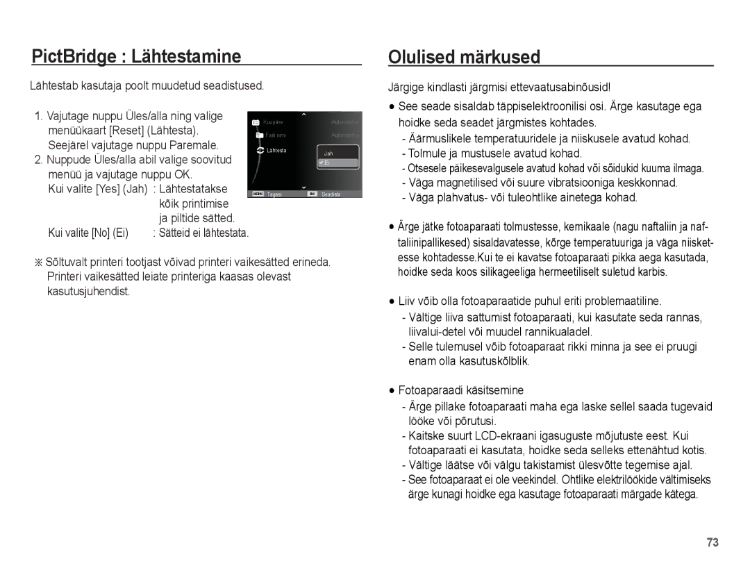 Samsung EC-ES10ZBBA/RU, EC-ES10ZSBA/RU manual PictBridge Lähtestamine, Olulised märkused 