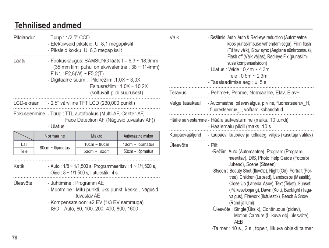 Samsung EC-ES10ZSBA/RU, EC-ES10ZBBA/RU manual Tehnilised andmed 