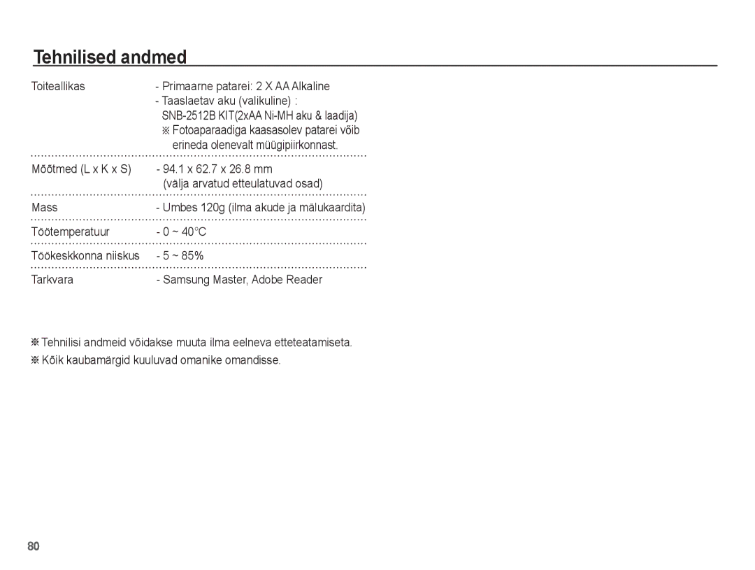 Samsung EC-ES10ZSBA/RU manual 94.1 x 62.7 x 26.8 mm, Välja arvatud etteulatuvad osad, Mass, Töötemperatuur ~ 40C, ~ 85% 