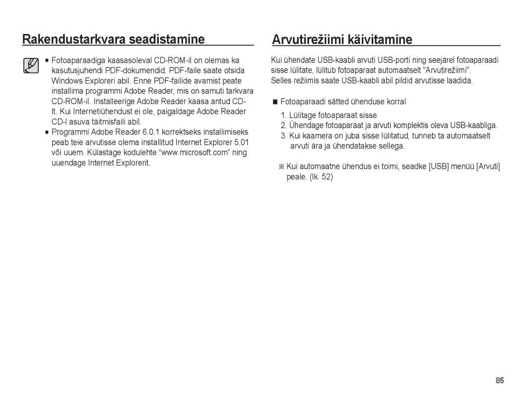 Samsung EC-ES10ZBBA/RU, EC-ES10ZSBA/RU manual Rakendustarkvara seadistamine Arvutirežiimi käivitamine 