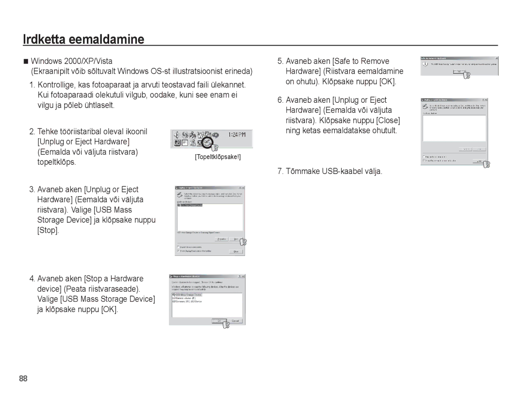 Samsung EC-ES10ZSBA/RU manual Irdketta eemaldamine, Windows 2000/XP/Vista, Eemalda või väljuta riistvara, Topeltklõps 