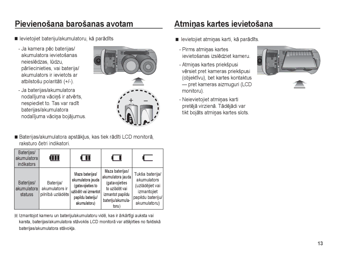 Samsung EC-ES10ZBBA/RU, EC-ES10ZSBA/RU manual AtmiƼas kartes ievietošana, Ievietojiet bateriju/akumulatoru, kƗ parƗdƯts 