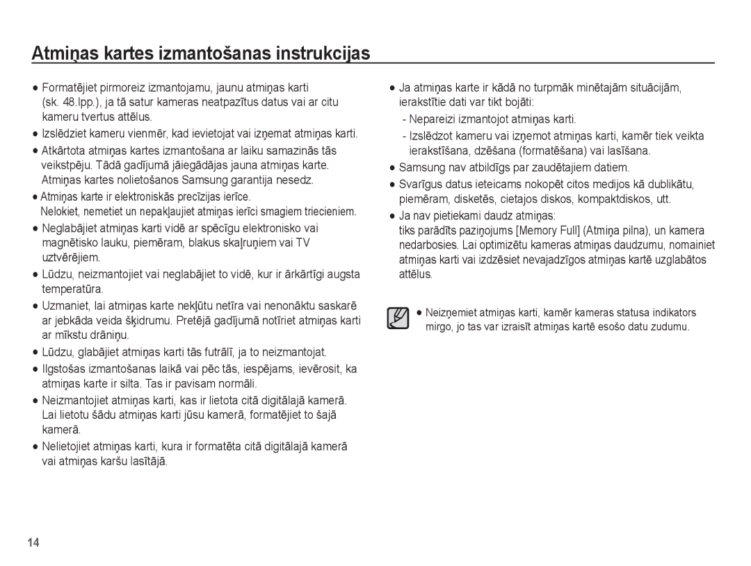 Samsung EC-ES10ZSBA/RU manual AtmiƼas kartes izmantošanas instrukcijas, AtmiƼas karte ir elektroniskƗs precƯzijas ierƯce 