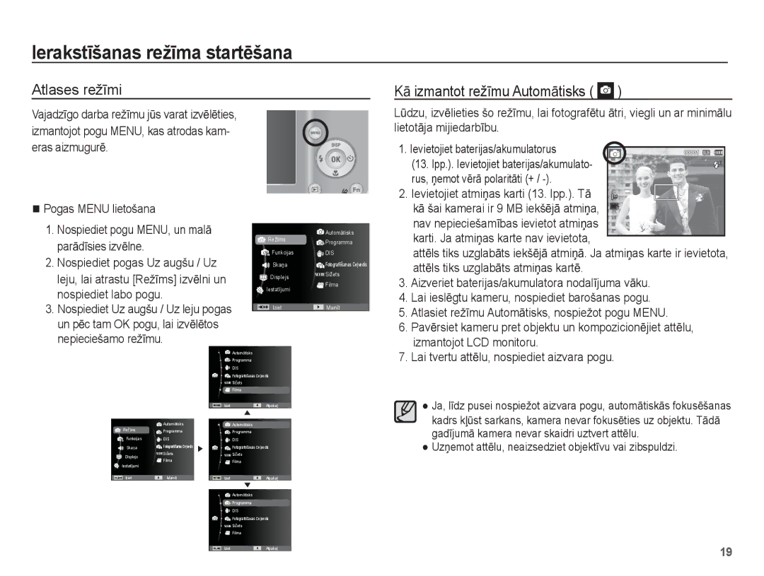 Samsung EC-ES10ZBBA/RU, EC-ES10ZSBA/RU manual IerakstƯšanas režƯma startƝšana, Atlases režƯmi KƗ izmantot režƯmu AutomƗtisks 