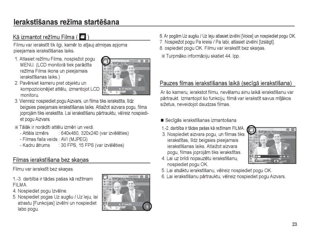 Samsung EC-ES10ZBBA/RU, EC-ES10ZSBA/RU manual KƗ izmantot režƯmu Filma, Filmas ierakstƯšana bez skaƼas 