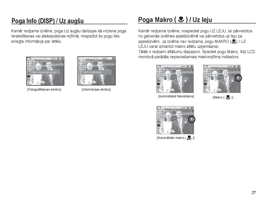 Samsung EC-ES10ZBBA/RU, EC-ES10ZSBA/RU manual Poga Info Disp / Uz augšu, Poga Makro / Uz leju 