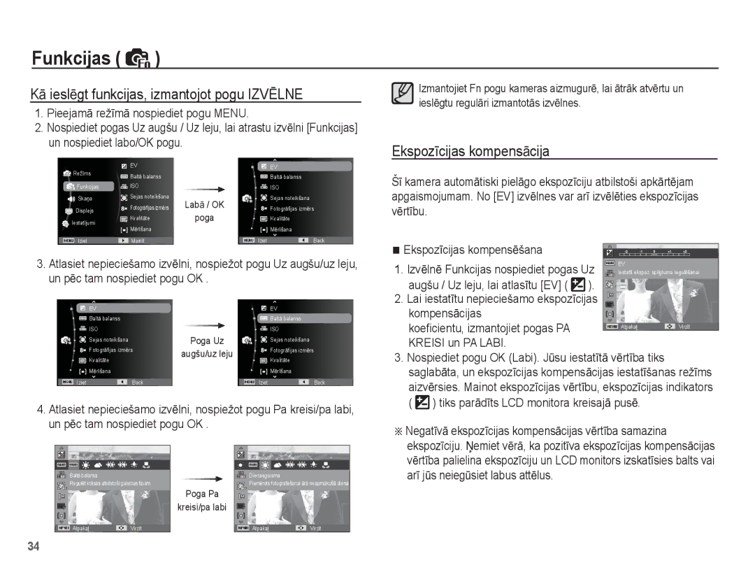 Samsung EC-ES10ZSBA/RU manual KƗ ieslƝgt funkcijas, izmantojot pogu Izvɯlne, EkspozƯcijas kompensƗcija, KompensƗcijas 