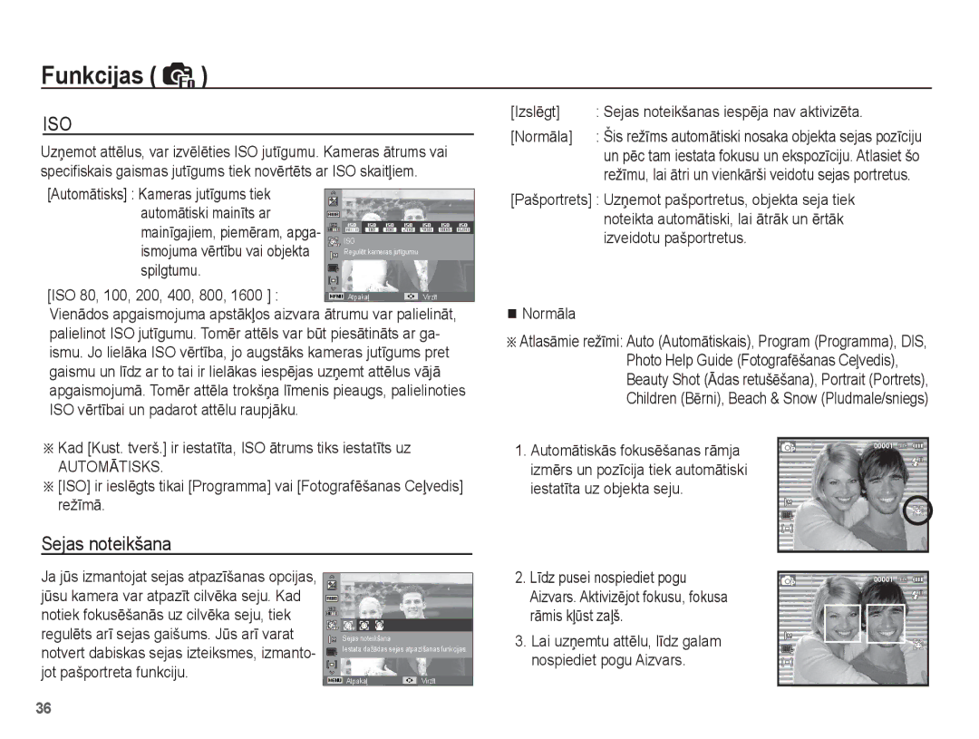 Samsung EC-ES10ZSBA/RU, EC-ES10ZBBA/RU manual Sejas noteikšana, Spilgtumu ISO 80, 100, 200, 400, 800 