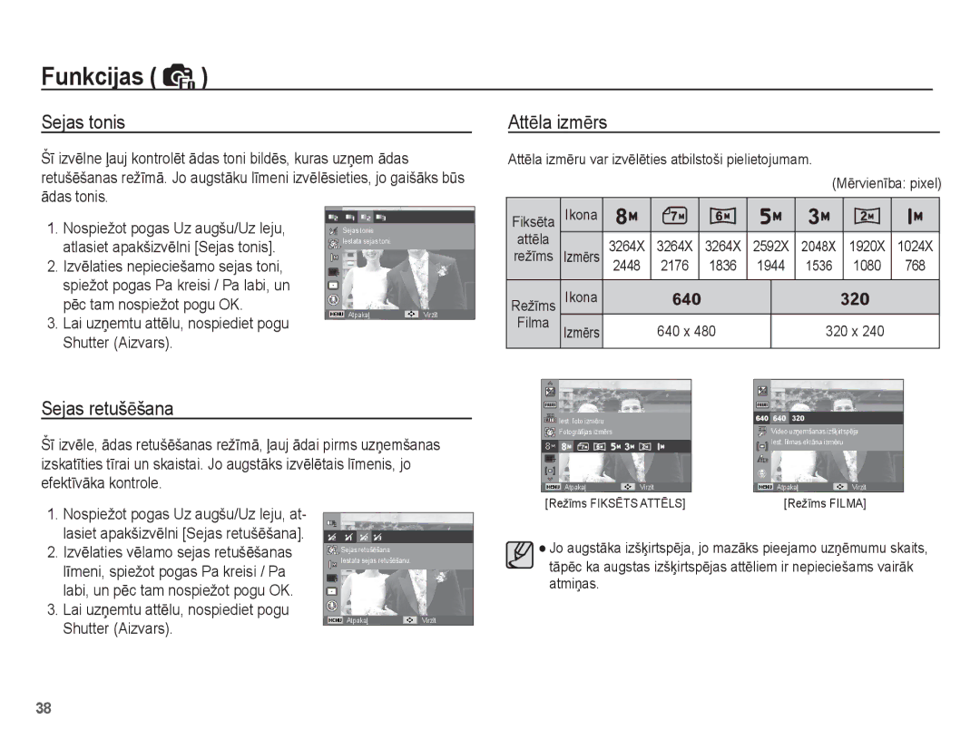 Samsung EC-ES10ZSBA/RU, EC-ES10ZBBA/RU manual Sejas tonis AttƝla izmƝrs, Sejas retušƝšana, Ɨdas tonis, Shutter Aizvars 