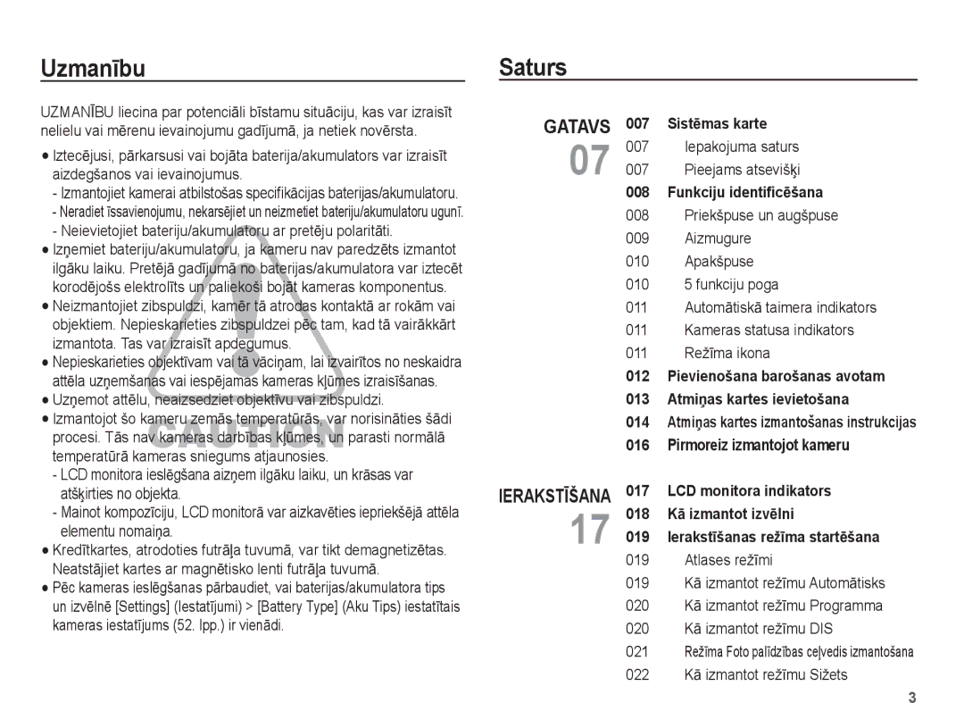 Samsung EC-ES10ZBBA/RU, EC-ES10ZSBA/RU manual UzmanƯbu Saturs, Neievietojiet bateriju/akumulatoru ar pretƝju polaritƗti 