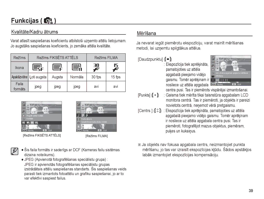 Samsung EC-ES10ZBBA/RU, EC-ES10ZSBA/RU manual KvalitƗte/Kadru Ɨtrums, MƝrƯšana, Punkts 