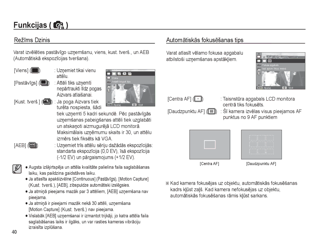 Samsung EC-ES10ZSBA/RU, EC-ES10ZBBA/RU manual RežƯms Dzinis AutomƗtiskƗs fokusƝšanas tips 